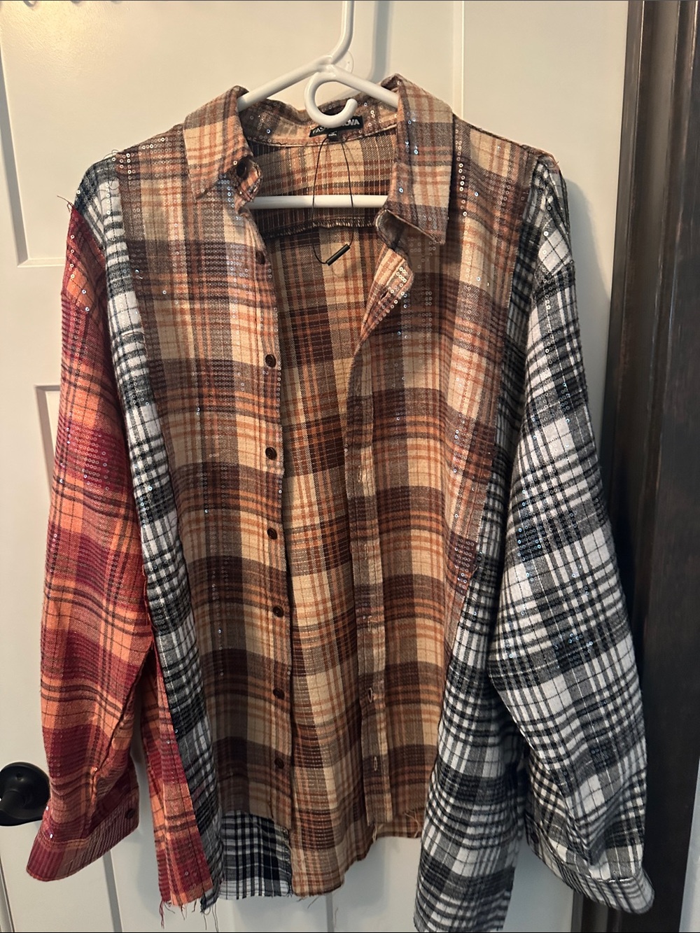Fashion Nova Multi‑Plaid Button-Down Shirt - Brown/Red/Black/White